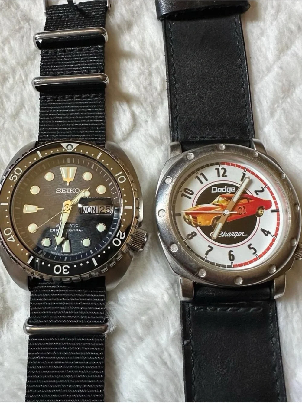 Vintage Dodge Charger Men's Black Leather Strap Watch - Red Accent